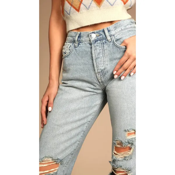 FREE PEOPLE Women's Jeans Boyfriend Distressed Button Fly Blue Acid Wash Size 30 - Image 3