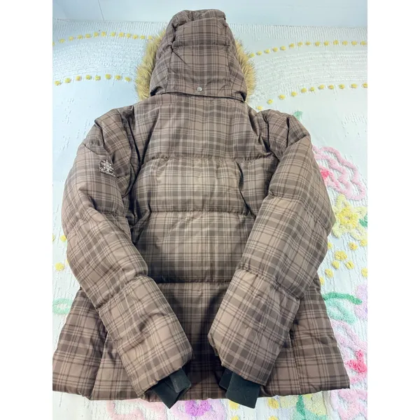 Columbia Womens Brown Plaid‎ Down Puffer Jacket Faux Fur Hood Size M - Image 10