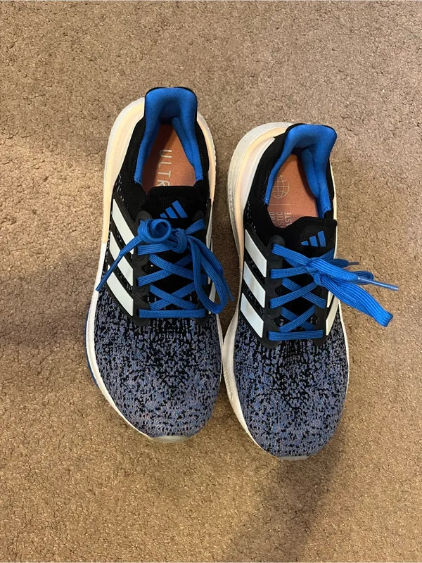 adidas Ultraboost Black & Blue Knit Athletic Sneakers with White Stripes - Image 2