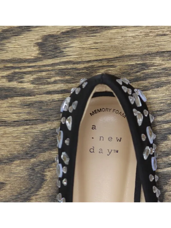 A New Day Womens Satin Rhinestone Pointed Toe Flats Black 6M - Image 8