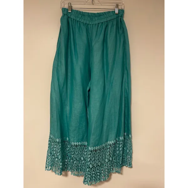 LERMAJ Vintage Teal Linen Blend Two Piece Set Lace Wrap Top Wide Leg Pants M/L - Image 9