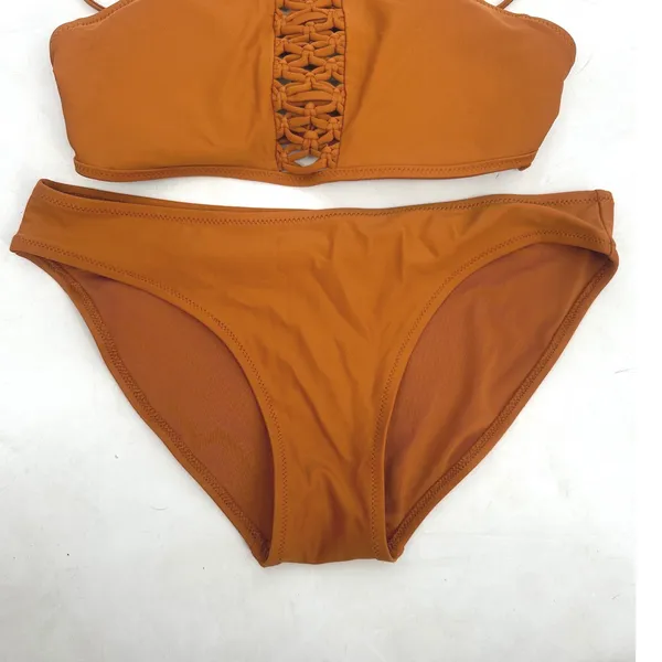 Aerie Bikini Set Women S/XS Burnt Orange Macrame High Neck High Waist Swimwear - Image 3