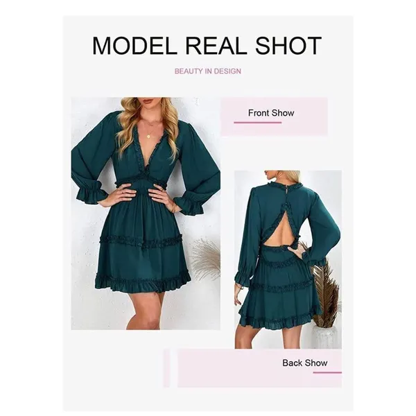 NEW V Neck Ruffle Long Sleeve Mini Dress L - Image 4