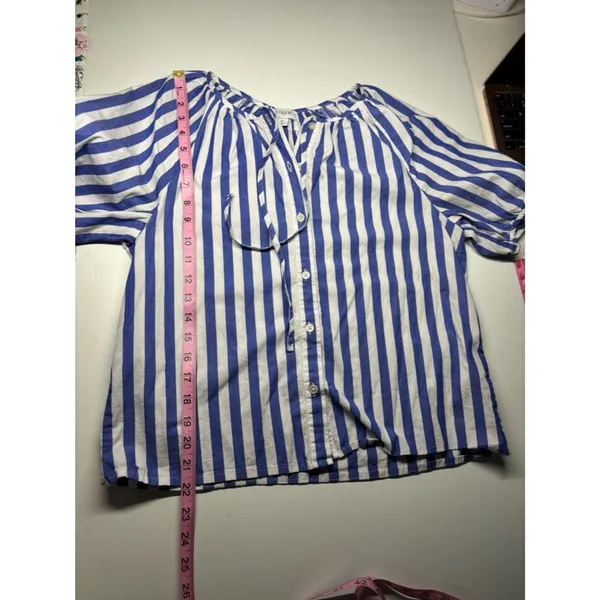 J.Crew Blue White Striped Blouse Tie Neck Puff Sleeve Coastal Chic - Image 4