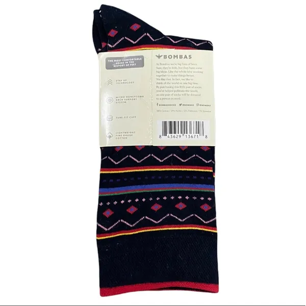 Bombas Black With Multicolor Geometric Lines Crew Socks Size Large - Image 2