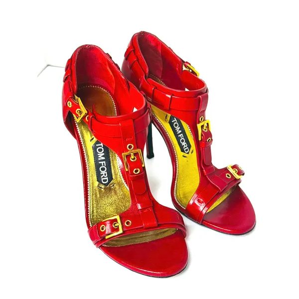 Tom Ford Red Leather Buckle T Strap High Heel Sandals EU 37.5 - Image 7