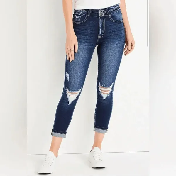 KanCan Dark Wash Distressed Faded High Rise Stretchy Cropped Jeans 14/32 - Image 6