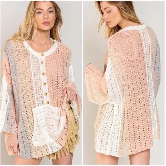 POL Blush Coral Stripe Loose Crochet Sweater - size small - Image 2