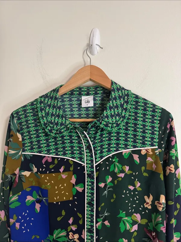 CAbi Bronco Western Eclectic Floral Patchwork Buttoned Boho Pajama Style Shirt M - Image 3