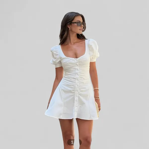 COMMENSE Puff Sleeve Short Shirt Dress COLOR - White Size XS - Image 2
