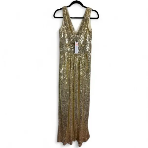 NWT Kate Kasin Gold Sequin V-Neck Formal Maxi Gown Dress Size XS US 2 - Image 2