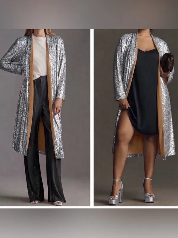 ANTHROPOLOGIE MARE MARE X Women’s Silver Sequin Duster Open Front Jacket Size S - Image 2