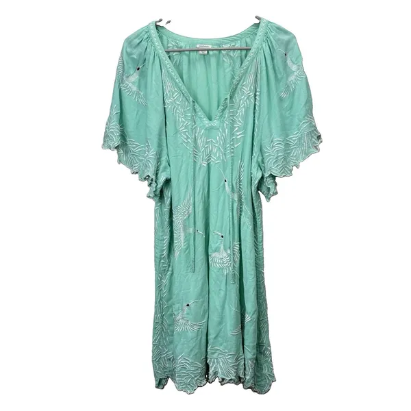 Sundance Aquamarine Embroidered Birds Floral Cotton Boho Beach Dress‎ Size LARGE - Image 2