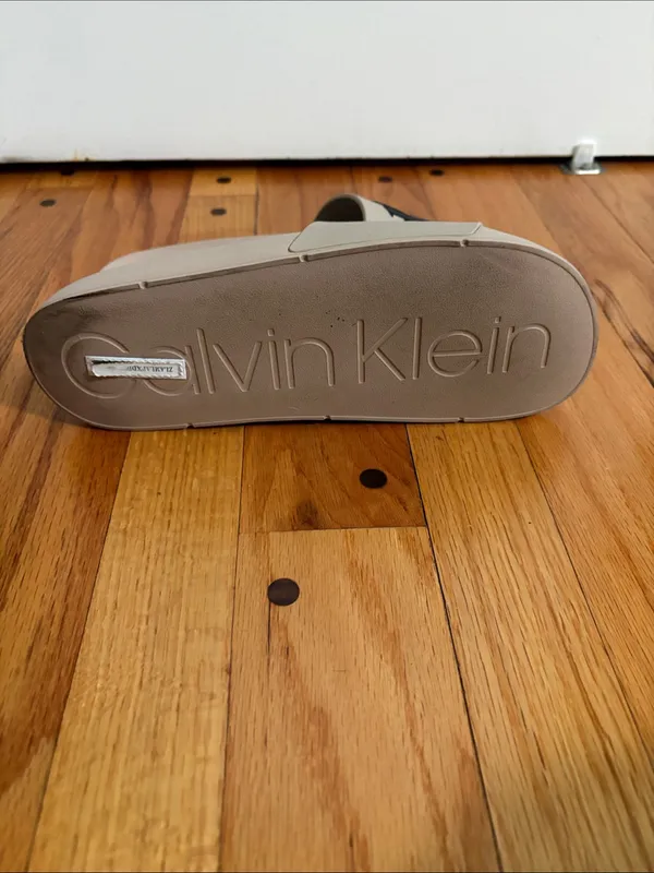 Calvin Klein Taupe Slide Sandals with Black CK Logo - Image 4