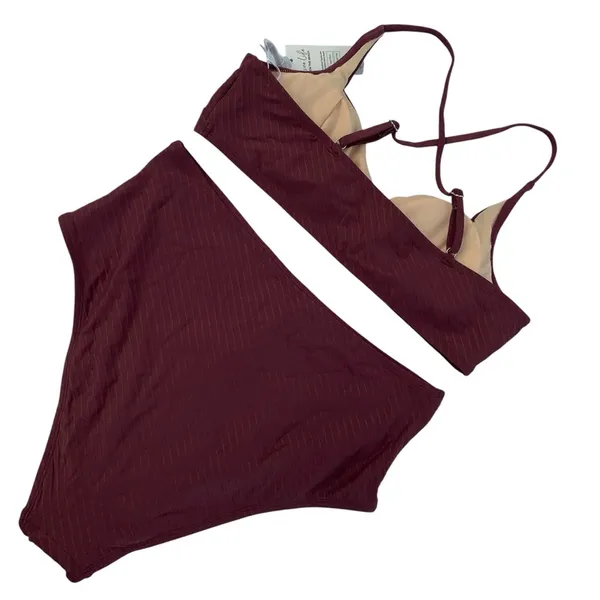 Cupshe Cross Back Top & Shirring Textured 2 Pc Bikini Large plum like co… - Image 4