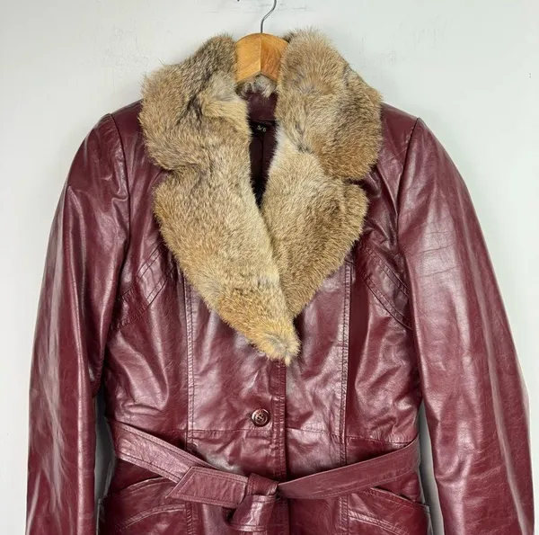 Vintage Leather Rabbitt Fur Trim Trench Tie Jacket Sz 5/6 Maroon Y2K Mob Wife - Image 3