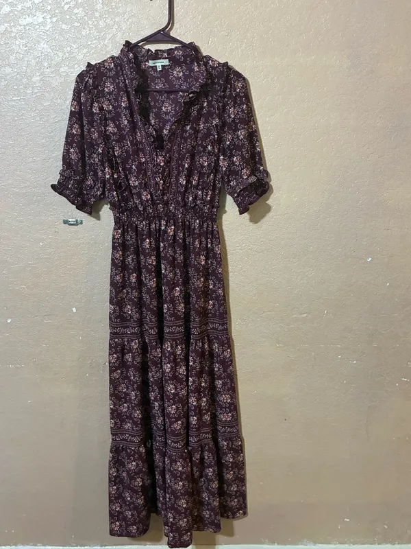 Max Studio Plum Floral Smocked Waist Tiered Ruffle V-Neck Boho - Image 3