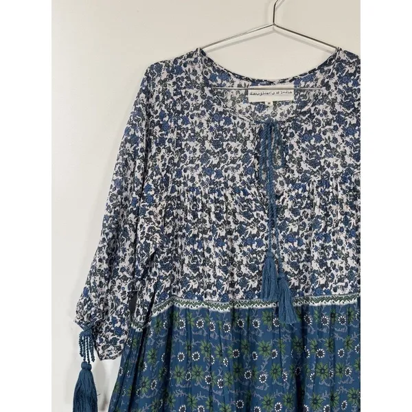 Daughters of India Maxi Dress Blue Floral Ditsy Tiered A Line Flowy Boho Medium - Image 8