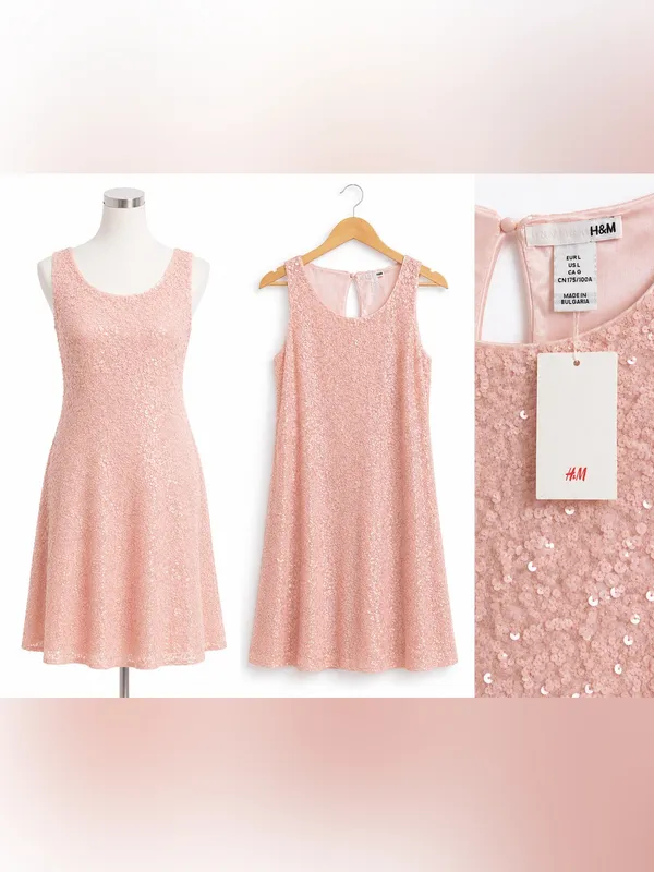 NWT H&M Blush Pink Sequin A-Line Dress | Sleeveless Party Dress | Size Large - Image 3