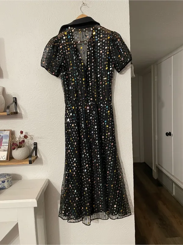 Dress the Population Black Sequin Collared Midi Dress Multicolor Button Down XS - Image 2