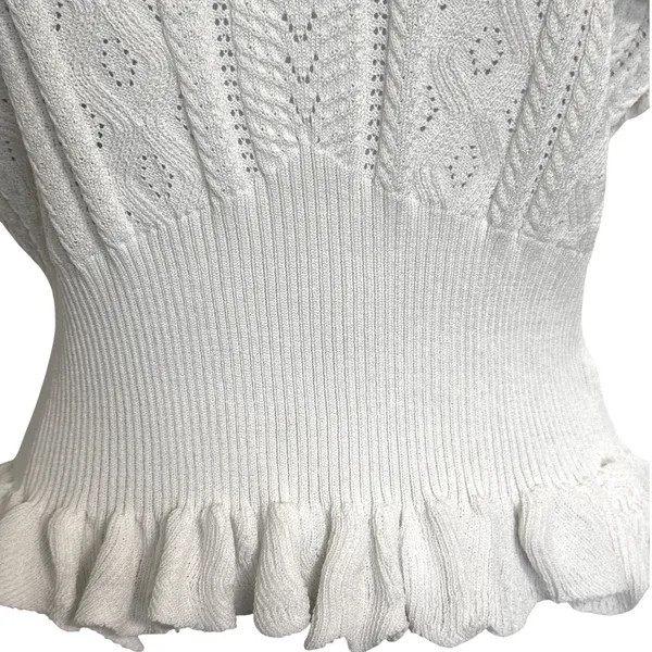 🆕 EXPRESS Ivory Pointelle Knit‎ Flutter Sleeve Peplum Lightweight Sweater XS - Image 4