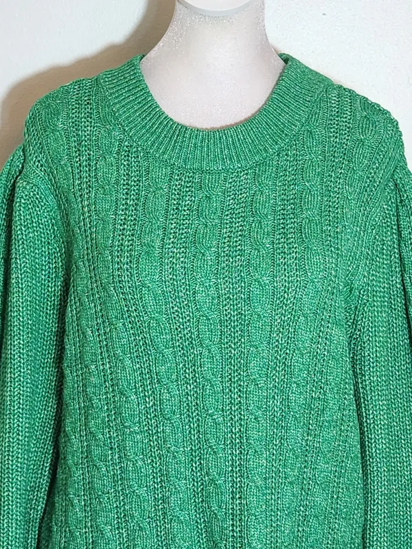 Crown and Ivy Green Relaxed Fit Cable Knit Puffy Sleeve Sweater Size Large - Image 2