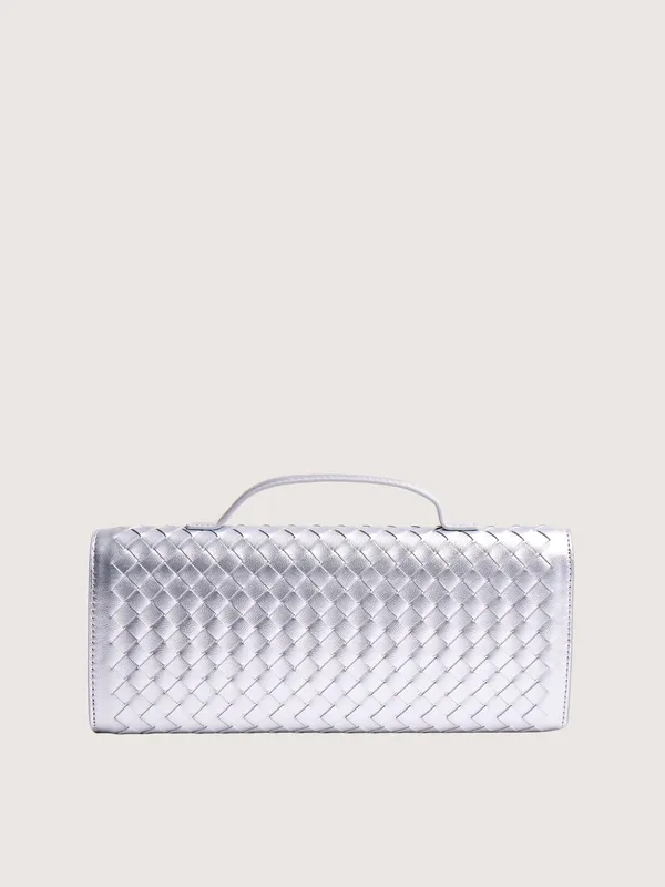 Woven Metallic Silver Shoulder Bag with Top Handle - Image 3