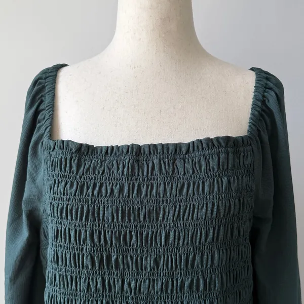 Madewell Dark Green Smocked Blouse Size XL Long Sleeve Casual Top - Image 2