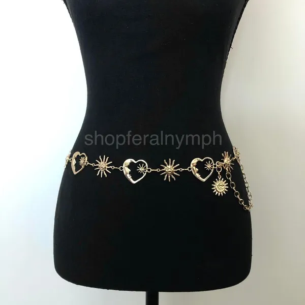 Celestial Gold Sun Heart Crescent Moon Chain Belt, Fits 20–39.5 Inches, X7GA1158 - Image 2