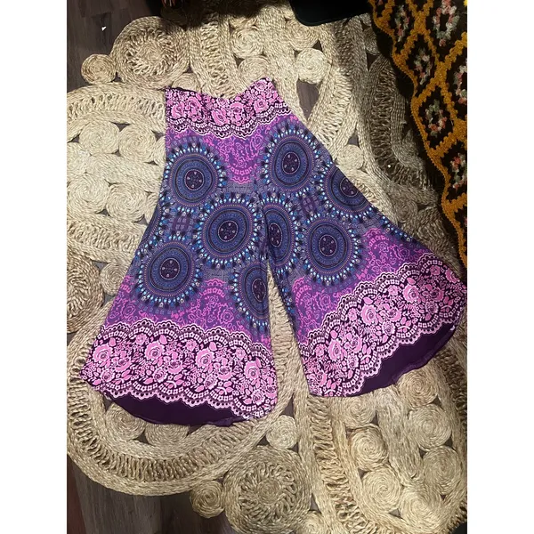 Boutique Bohemian Wide Leg Pants Cropped Purple Floral Medallion Print Elastic Waist L - Image 2