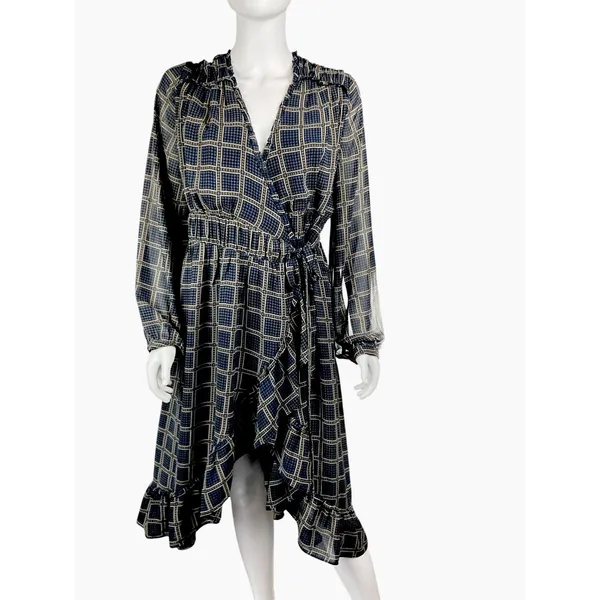 Anthropologie‎ dRA Cicero Wrap Asymmetric Dress Ruffle Plaid Boho Blue - Large - Image 5