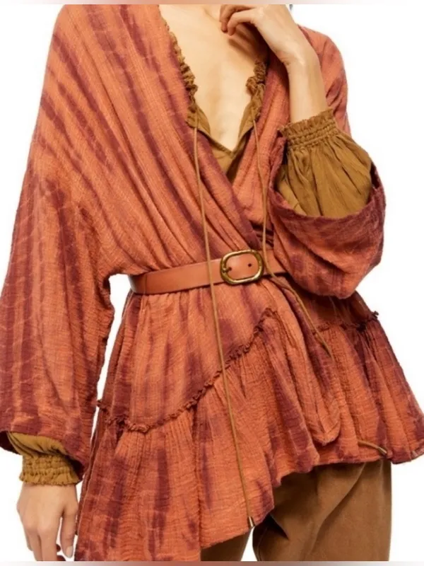 Free People Womens XS/S Tie Dye Kimono Jacket Cotton Gauze Belted Boho Rust - Image 6