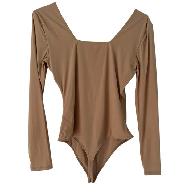 NWT Quince Second Skin Square Neck Long Sleeve Body Thong Bodysuit Mocha Large - Image 5