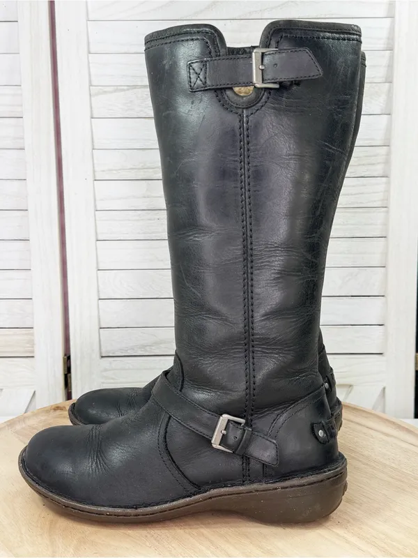 Ugg‎ Tupelo Leather Riding Moto Boots Black 7 Sherpa Lined Buckle Flat 1003335 - Image 3