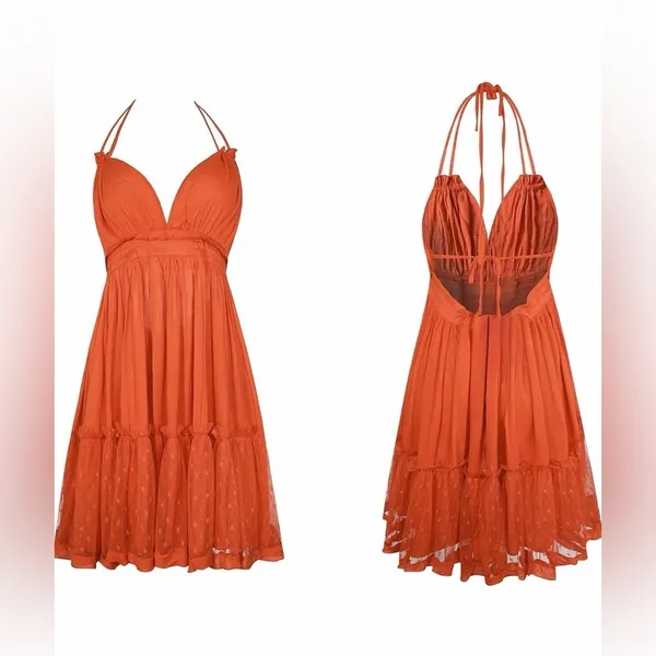 Halter Babydoll Mini Dress Boho Mesh Swiss Dot Hem Small Red Orange - Image 8