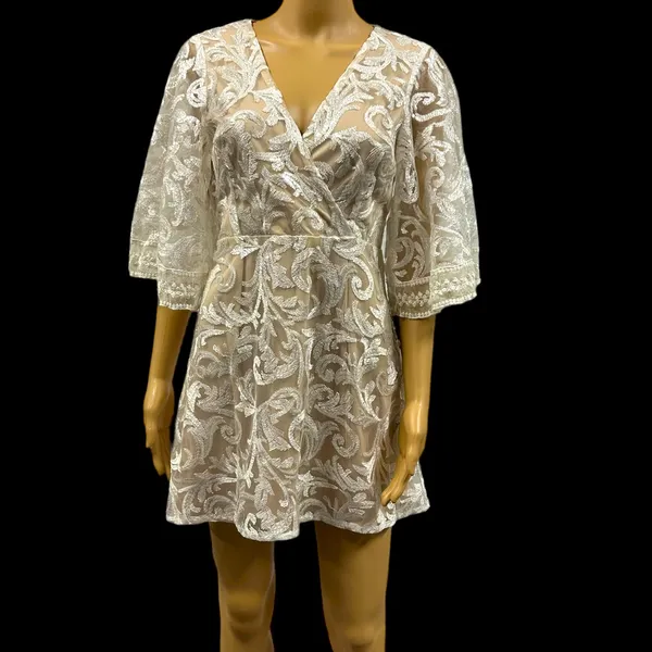 Lulus Celebration Hour Cream Lace Sequin Embroidered Zip Back Mini Dress Medium - Image 6