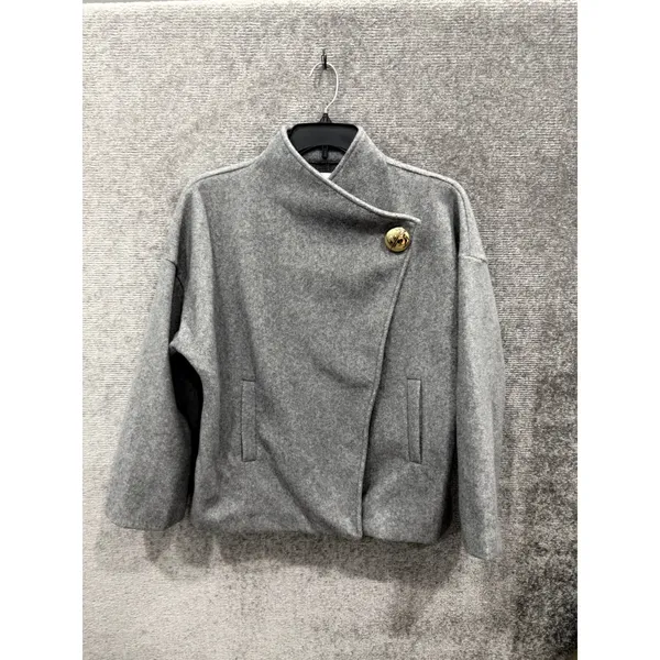 Zara Women Short Coat S Gray Asymmetric High Neck Gold Button Felted Jacket - Image 5