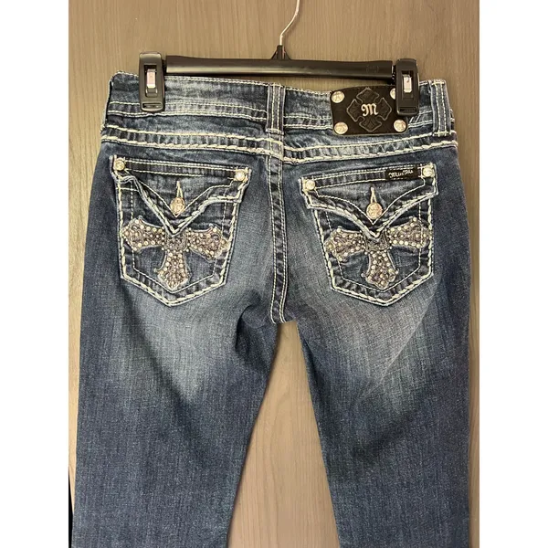 Miss Me Jean Rhinestone Embellished Cross Pocket Low Rise Bootcut 28x31 JP504689 - Image 3
