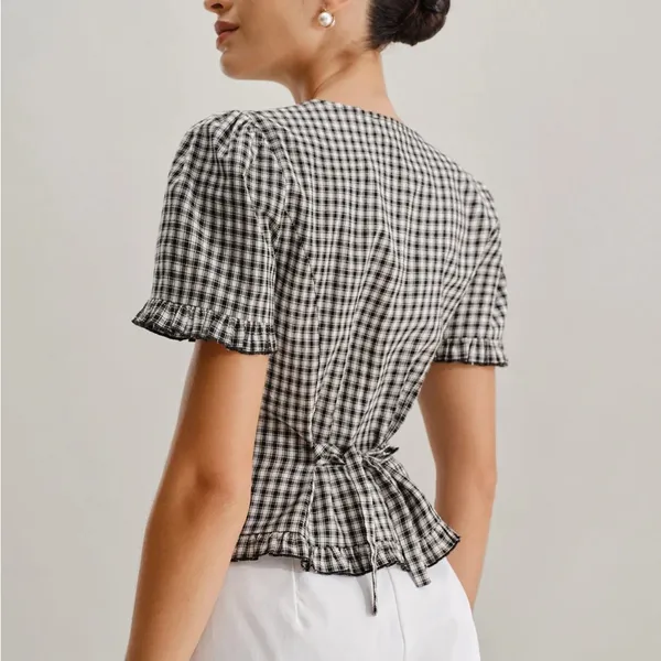 Rihoas Black Plaid V Neck Ruffle Blouse Size XS - Image 3
