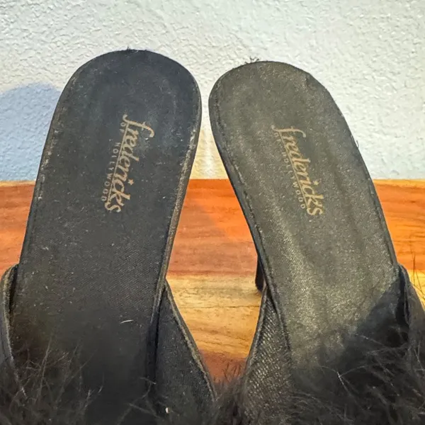 Vintage Y2K Frederick's of Hollywood Black Marabou Feather Satin Peep Toe Heel - Image 5