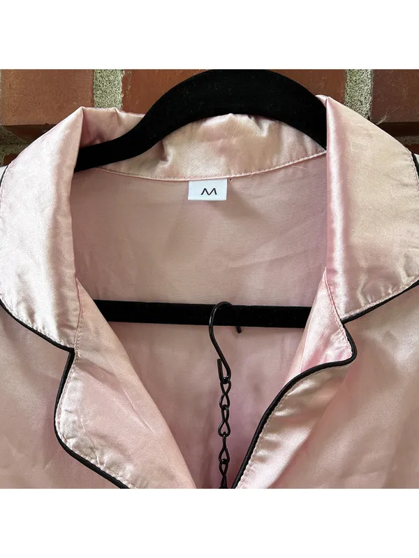 Pink Satin Pajama Set with Black Piping - Short Sleeve Top and Shorts - Image 5