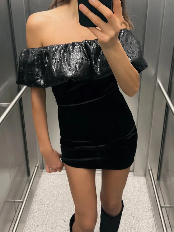 Zara Off-Shoulder Black Mini Dress with Sequin Trim - Image 3