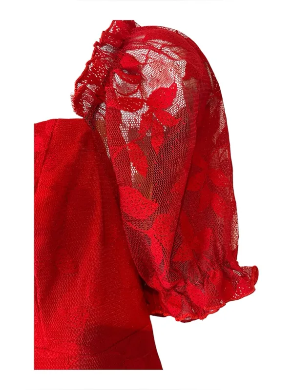 SBetro Plus 1XL Red Lace Overlay Puff Sleeve Sweetheart Mini Dress Coquette NWT - Image 5