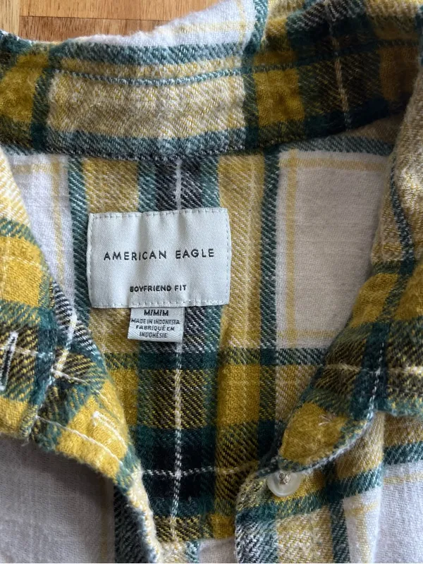 American Eagle Boyfriend Fit Plaid Flannel Shirt Medium Yellow Green - Image 2