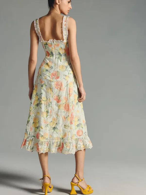 Anthropologie White Ruffled Eyelet Floral Embroidered Dress - Image 3