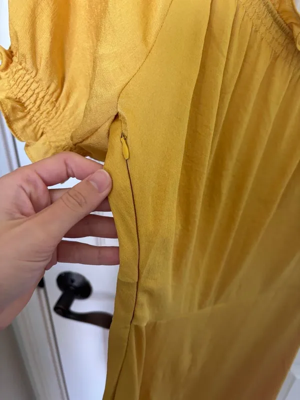 Current Air Anthropologie yellow midi dress with ruffle sleeves and tie detail, size S - Image 5