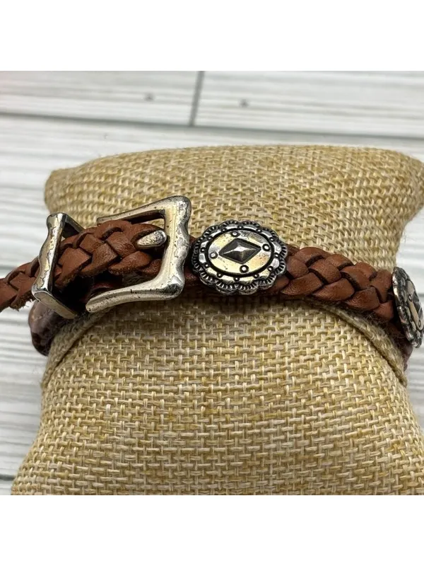 Vintage Brighton Southwestern Western Concho Braided Brown Leather Bracelet 9" - Image 13