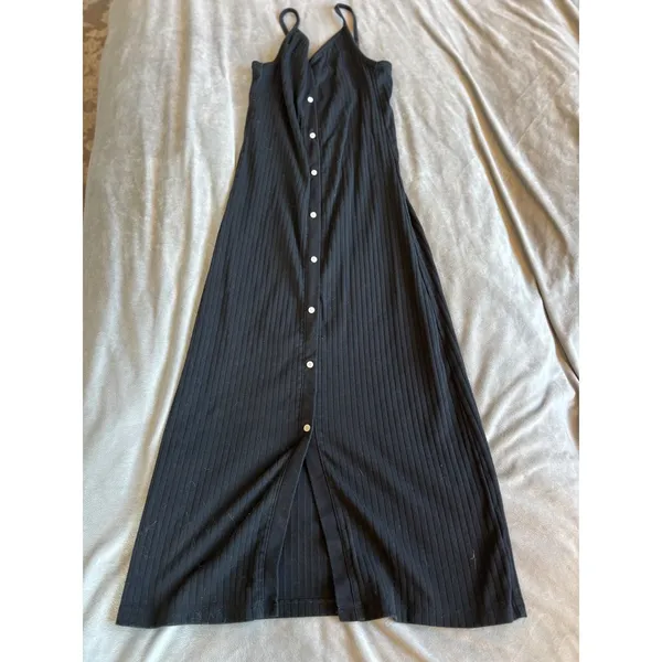 Aerie Ribbed Knit Button‎ Front Midi Dress Black Sleeveless Small - Image 2