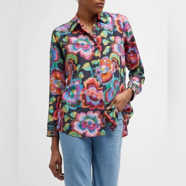 Johnny was workshop calanthe button down shirt top silk floral sz XL - Image 10