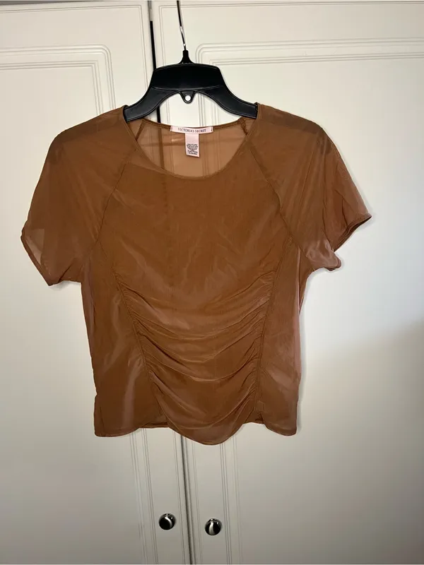 Victoria’s Secret Brown Sheer Mesh Ruched Short Sleeve Top - Image 2